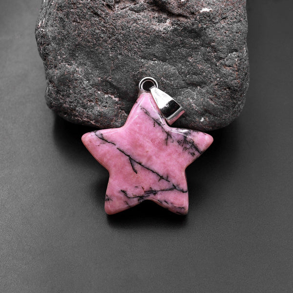 Natural Pink Black Rhodonite Pendant Gemstone Star