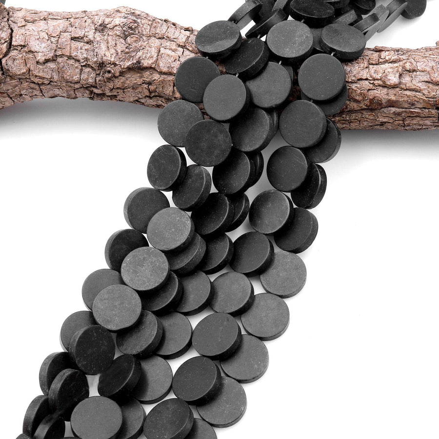 Matte Natural Black Onyx Smooth Coin Beads  18mm Flat Disc 15.5" Strand