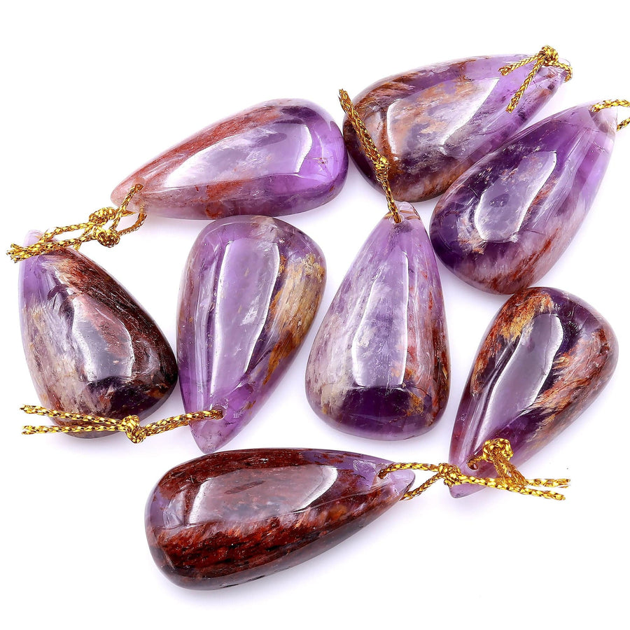 Super 7 Crystal Element Natural Phantom Amethyst Cacoxenite Teardrop Drilled Focal Bead Pendant