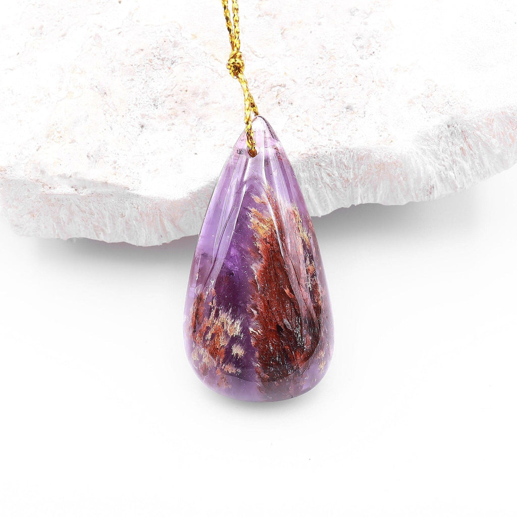 Super 7 Crystal Element Natural Phantom Amethyst Cacoxenite Teardrop Drilled Focal Bead Pendant