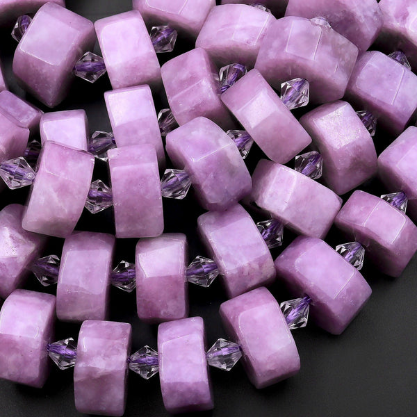 Large Natural Lilac Lepidolite Thick Faceted Hexagon Rondelle Wheel Beads 15.5" Strand