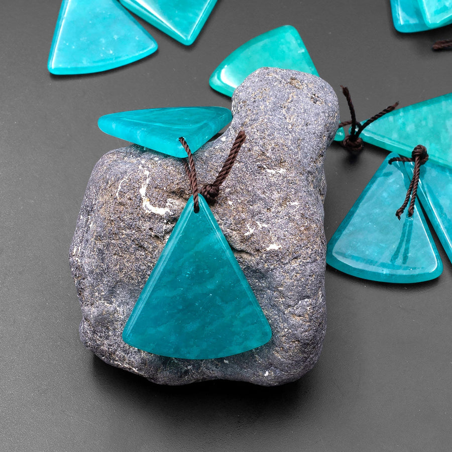 Natural Peruvian Amazonite Deep Aqua Blue Green Fan Triangle Earring Pair Drilled Gemstone Matched Beads