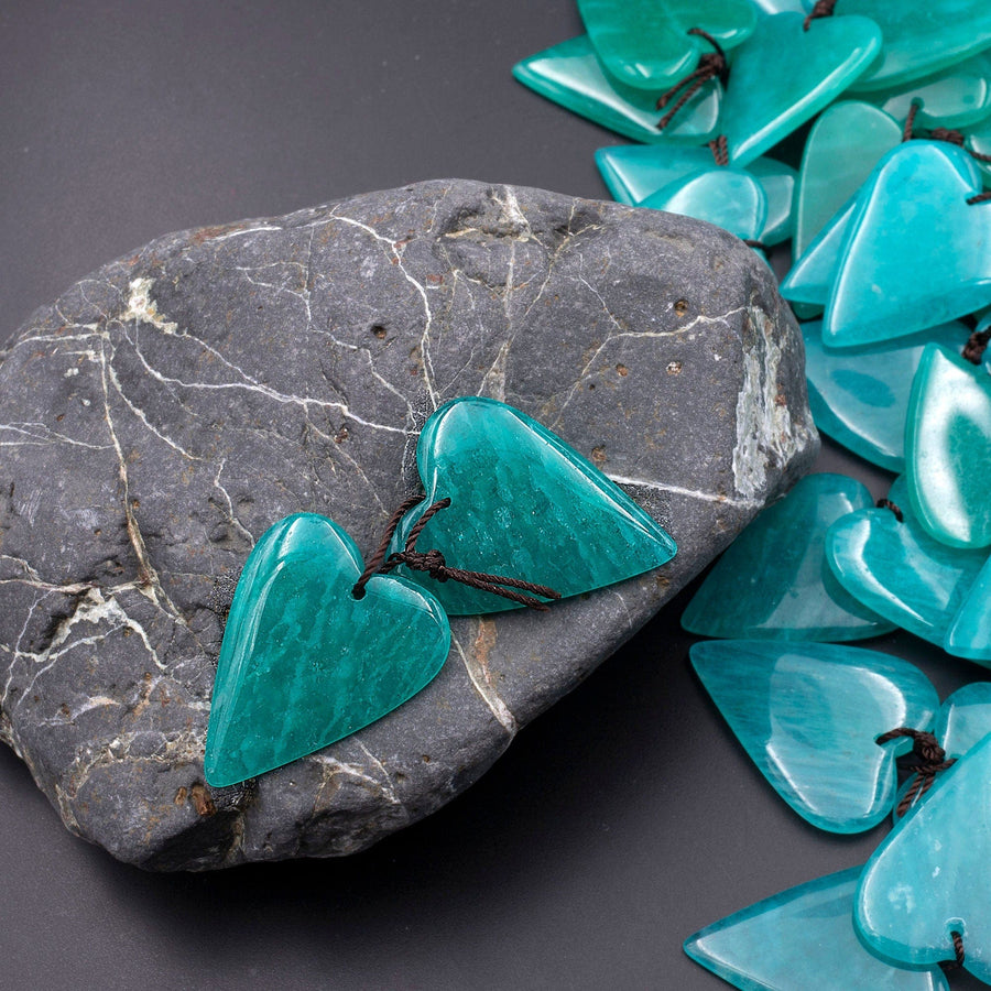 Natural Peruvian Amazonite Deep Aqua Blue Green Heart Earring Pair Drilled Gemstone Matched Beads