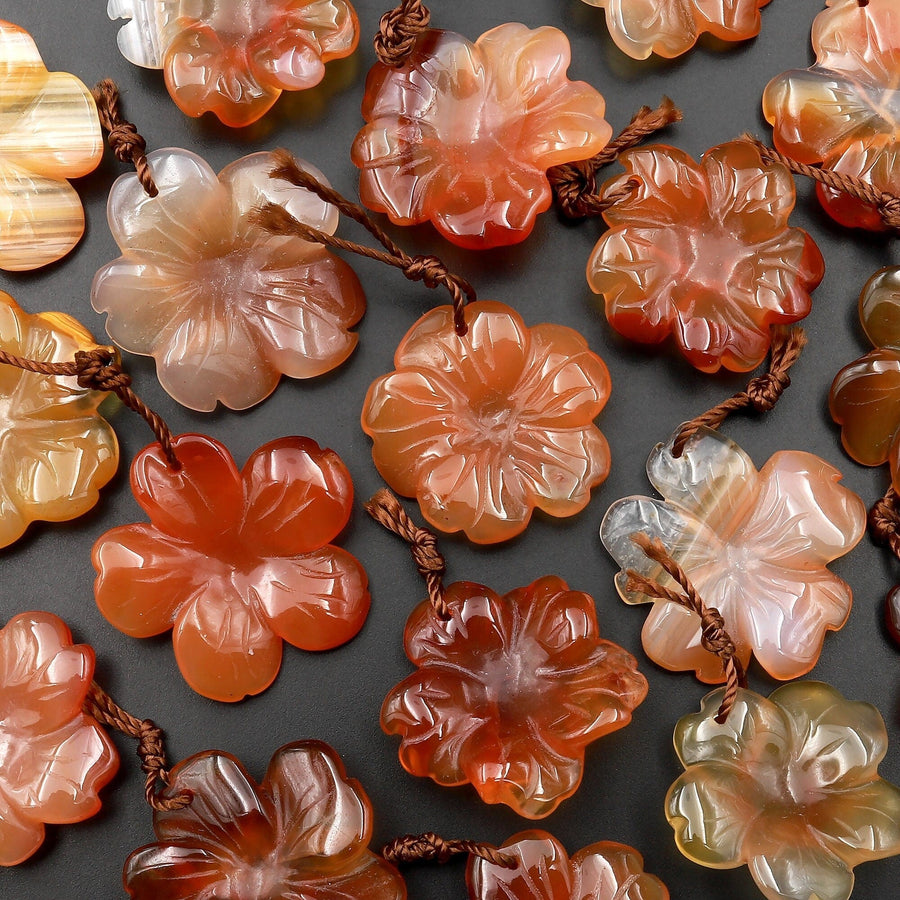 Hand Carved Natural Carnelian Flower Pendant Translucent Fiery Orange Red Gemstone Focal Bead