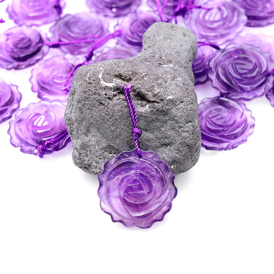 AAA Hand Carved Natural Purple Amethyst Flower Pendant Gemstone Focal Bead