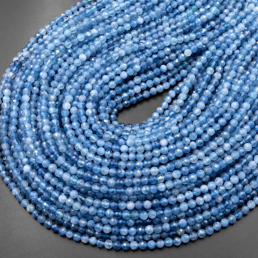 Micro Faceted Natural Blue Santa Maria Aquamarine 3mm 4mm Round Beads 15.5" Strand