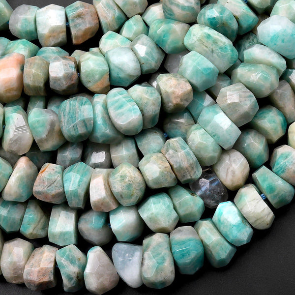 Faceted Natural Russian Green Amazonite Beads Chiseled Freeform 10mm Rondelle Gemstone 15.5" Strand