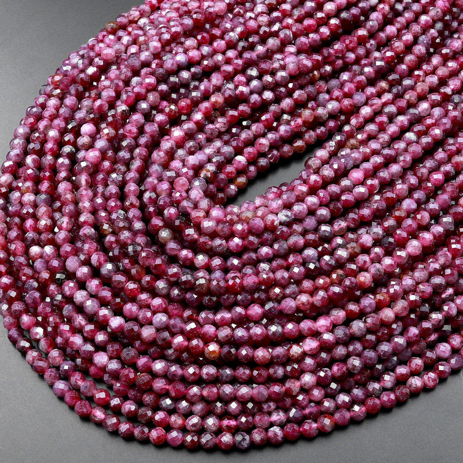 Faceted Natural Red Pink Rubellite Tourmaline 4mm Round Beads Micro Diamond Cut Gemstone 15.5" Strand