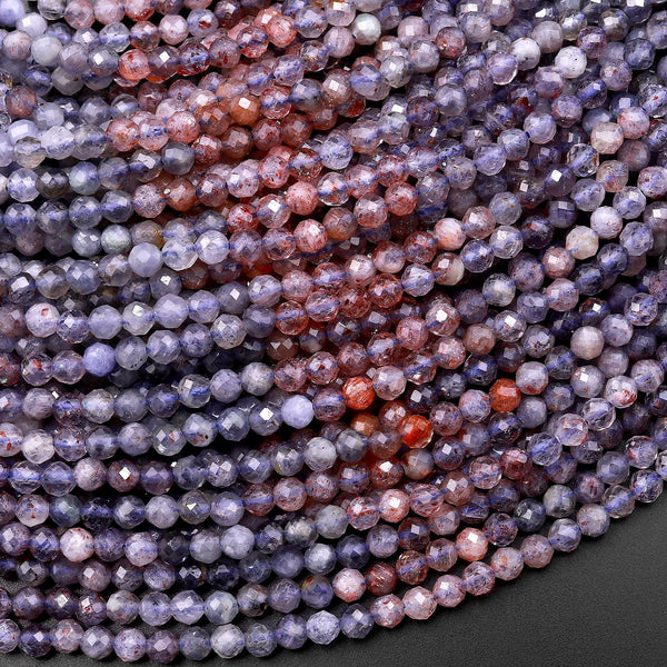 AAA Rare Natural Sunstone Iolite Faceted 3mm Round Beads 15.5" Strand