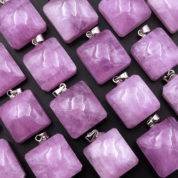 AAA Natural Kunzite Pendant Puffy Square Gemstone Focal Bead