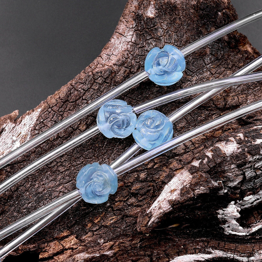 Natural Blue Aquamarine Hand Carved Rose Flower Gemstone Beads 8mm