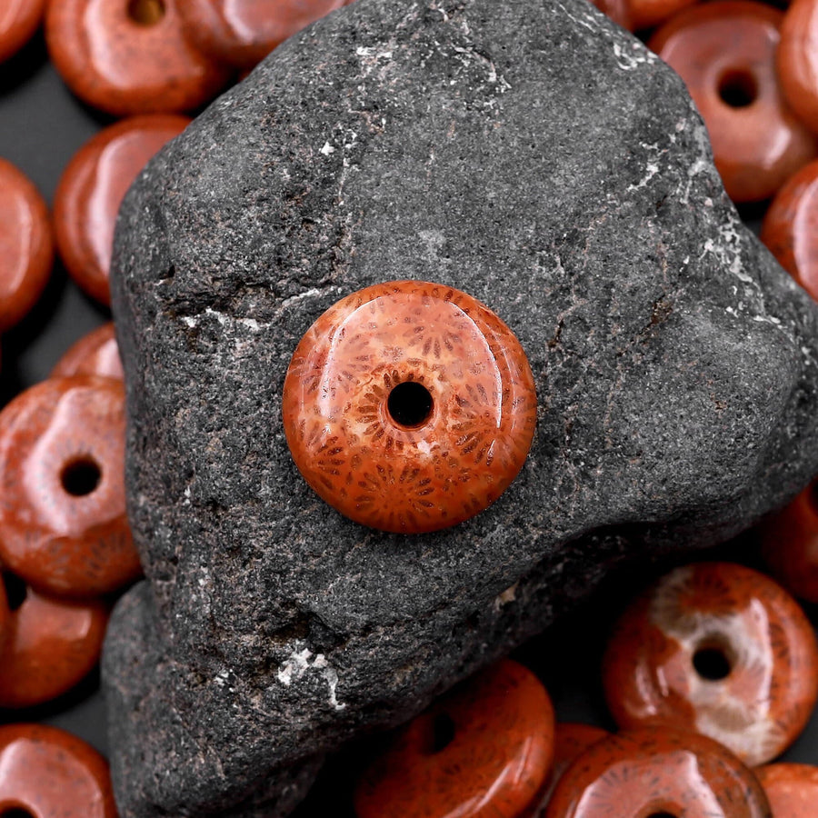 AAA Natural Red Fossil Coral Donut Bead Pendant 15mm