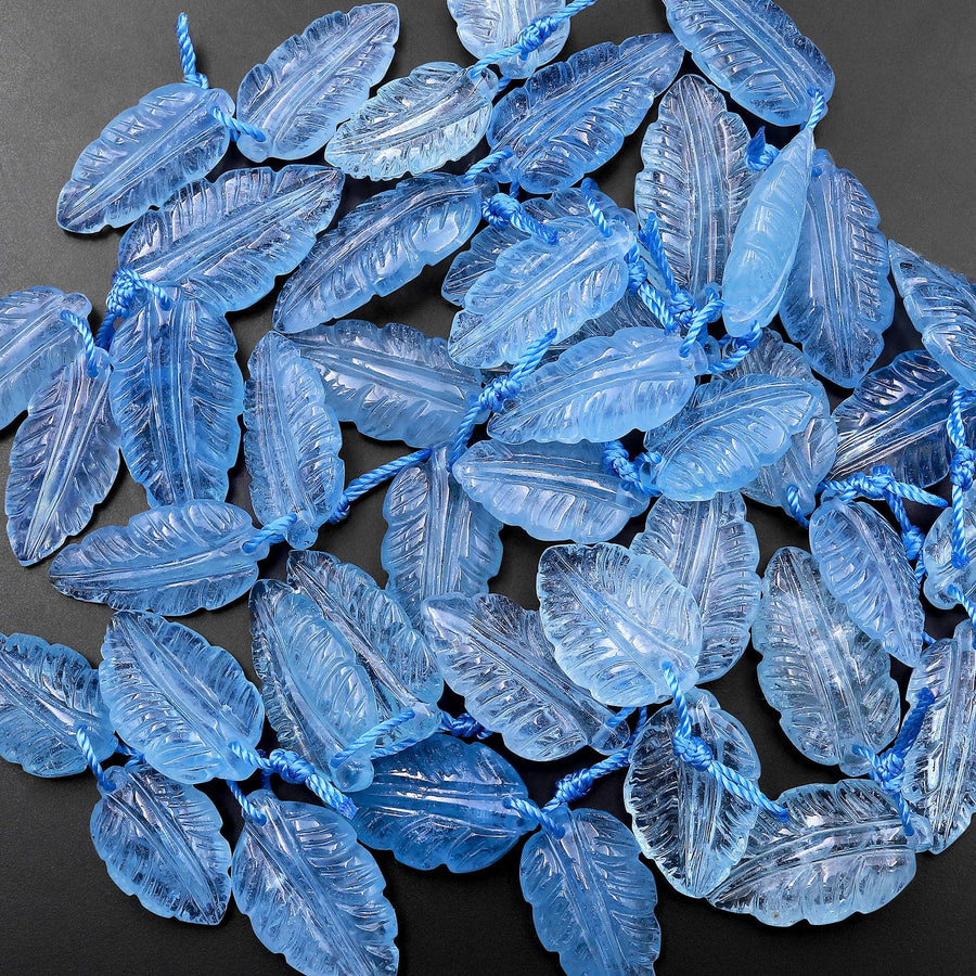 AAA Hand Carved Natural Blue Aquamarine Feather Earring Pair Drilled Gemstone Matched Beads