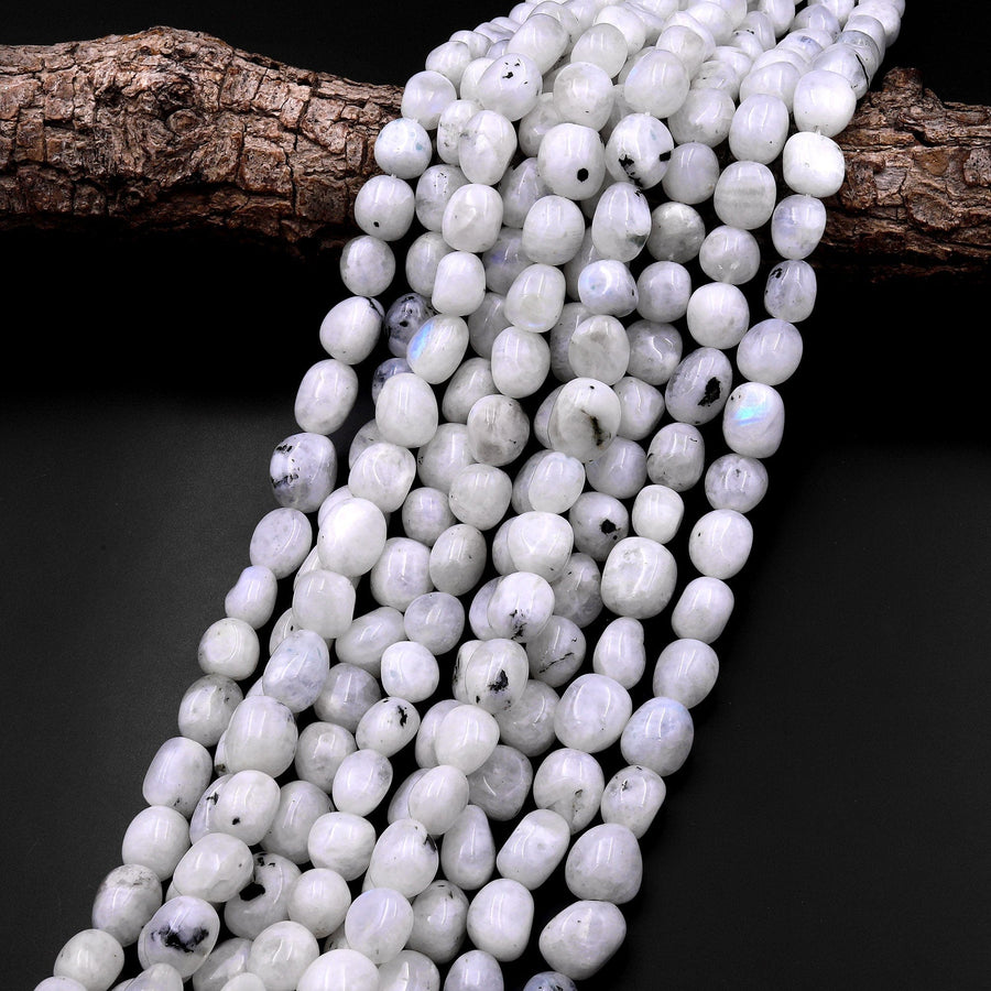 Chunky Natural Rainbow Moonstone Freeform Pebble Nugget Beads Gemstone 15.5" Strand