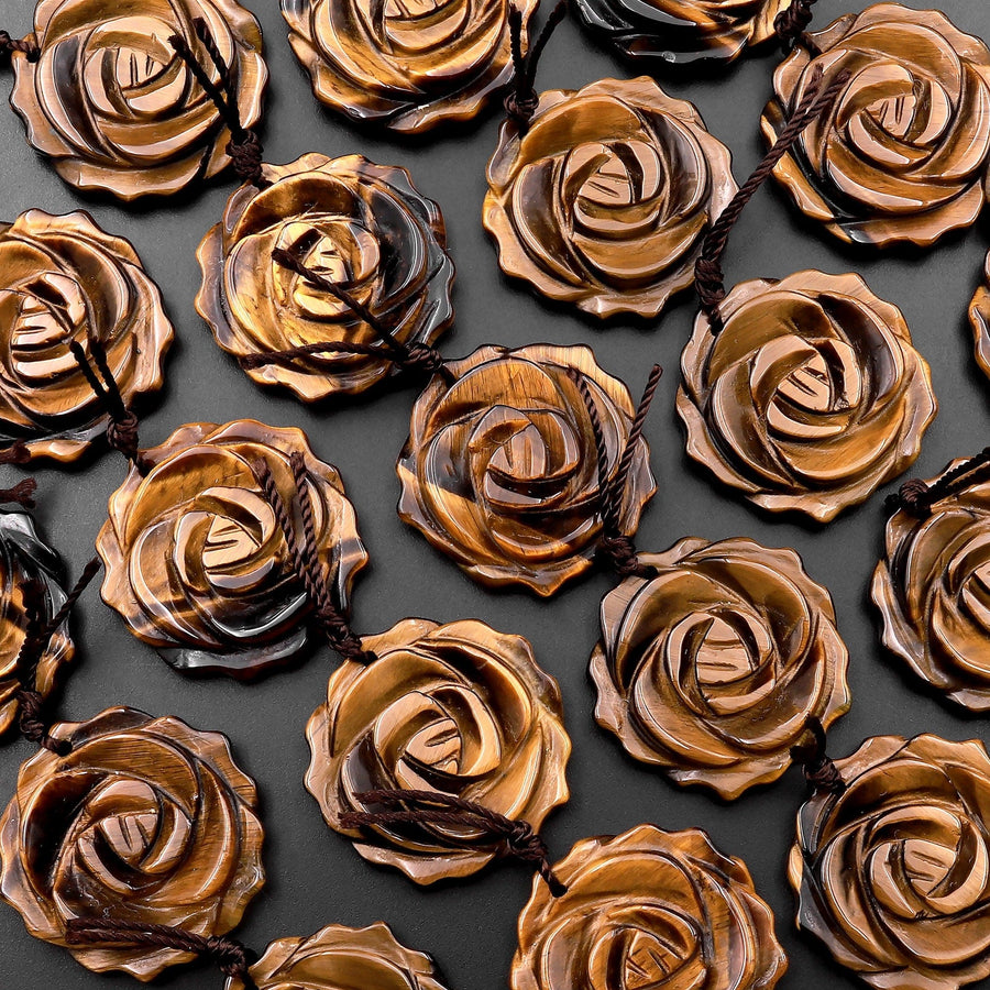 AAA Hand Carved Natural Tiger's Eye Rose Flower Pendant Gemstone Focal Bead
