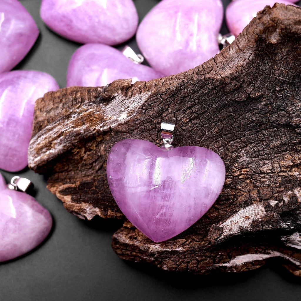 AAA Natural Kunzite Pendant Puffy Heart Gemstone Focal Bead