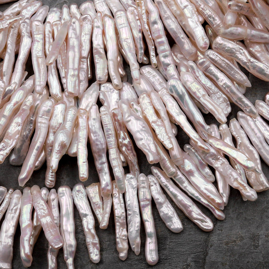 AAA Long Slim Natural Pale Pink Biwa Stick Pearl Freshwater Good For Earrings 15.5" Strand