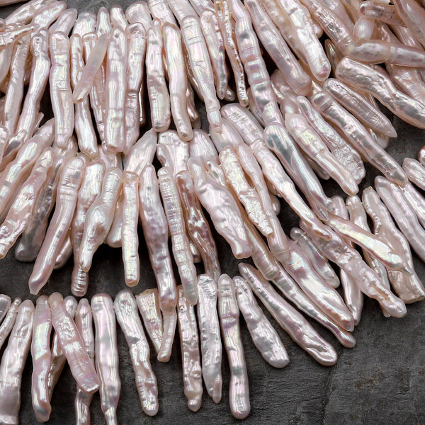 AAA Long Slim Natural Pale Pink Biwa Stick Pearl Freshwater Good For Earrings 15.5" Strand