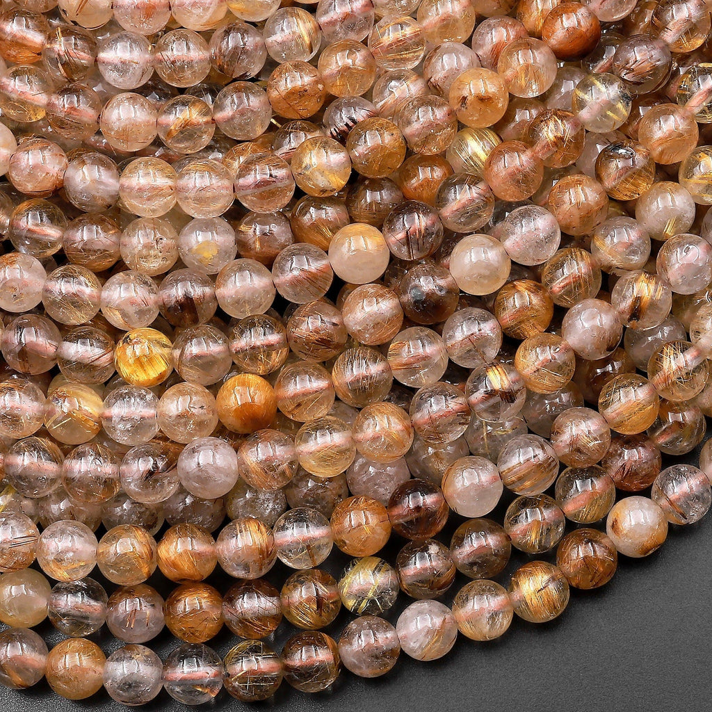 Natural Golden Brown Copper Rutile Quartz Round Beads 5mm 15.5" Strand