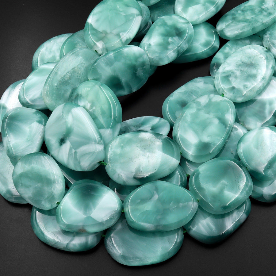 Chatoyant Green Moonstone Large Smooth Freeform Oval Teardrop Slab Focal Pendant Beads Aka "Green Larimar" 15.5" Strand