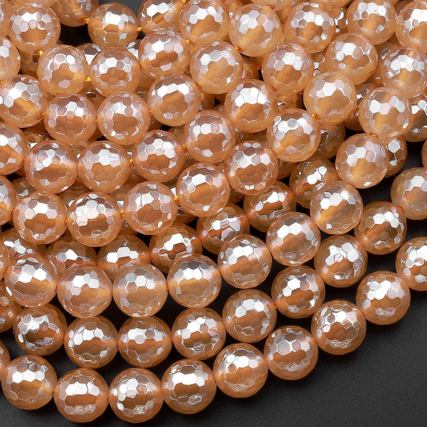 Mystic Golden Agate Faceted 8mm Round Beads Plated Silverite AB Coated Natural Gemstone 15.5" Strand