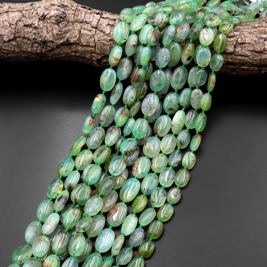 Natural Australian Aqua Green Chrysoprase Smooth Oval Nugget Beads Translucent Real Gemstone 15.5" Strand