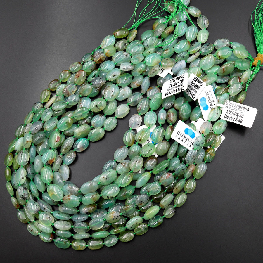 Natural Australian Aqua Green Chrysoprase Smooth Oval Nugget Beads Translucent Real Gemstone 15.5" Strand