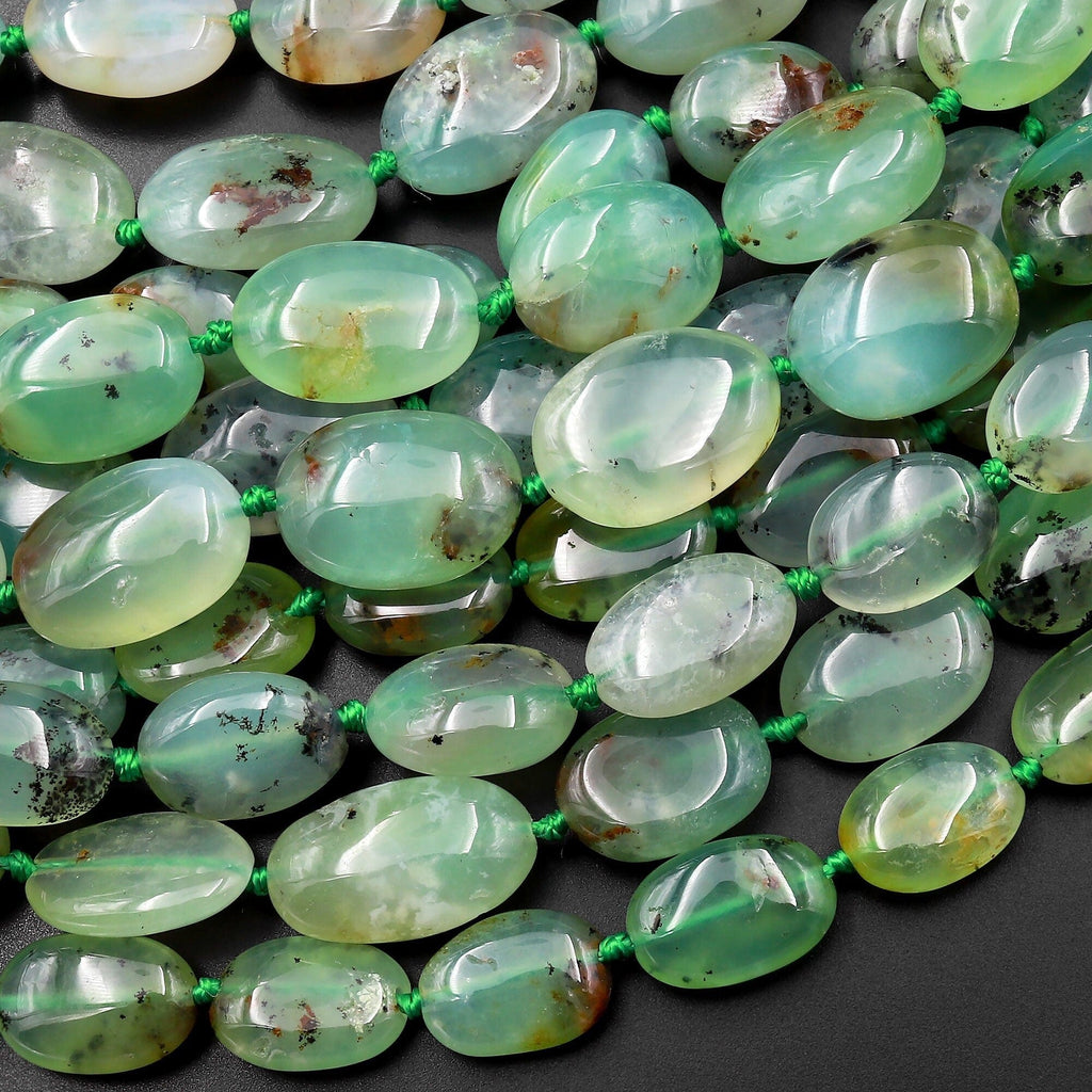 Natural Australian Aqua Green Chrysoprase Smooth Oval Nugget Beads Translucent Real Gemstone 15.5" Strand
