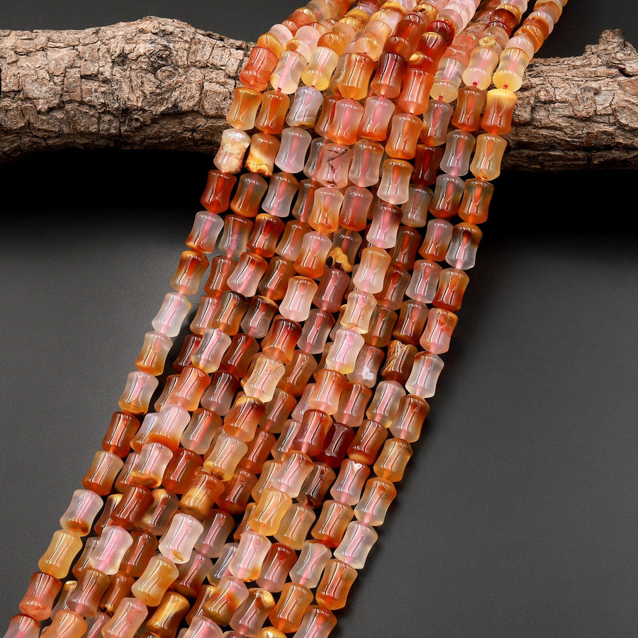 Natural Carnelian Bamboo Stem Tube Cylinder Beads 15.5" Strand