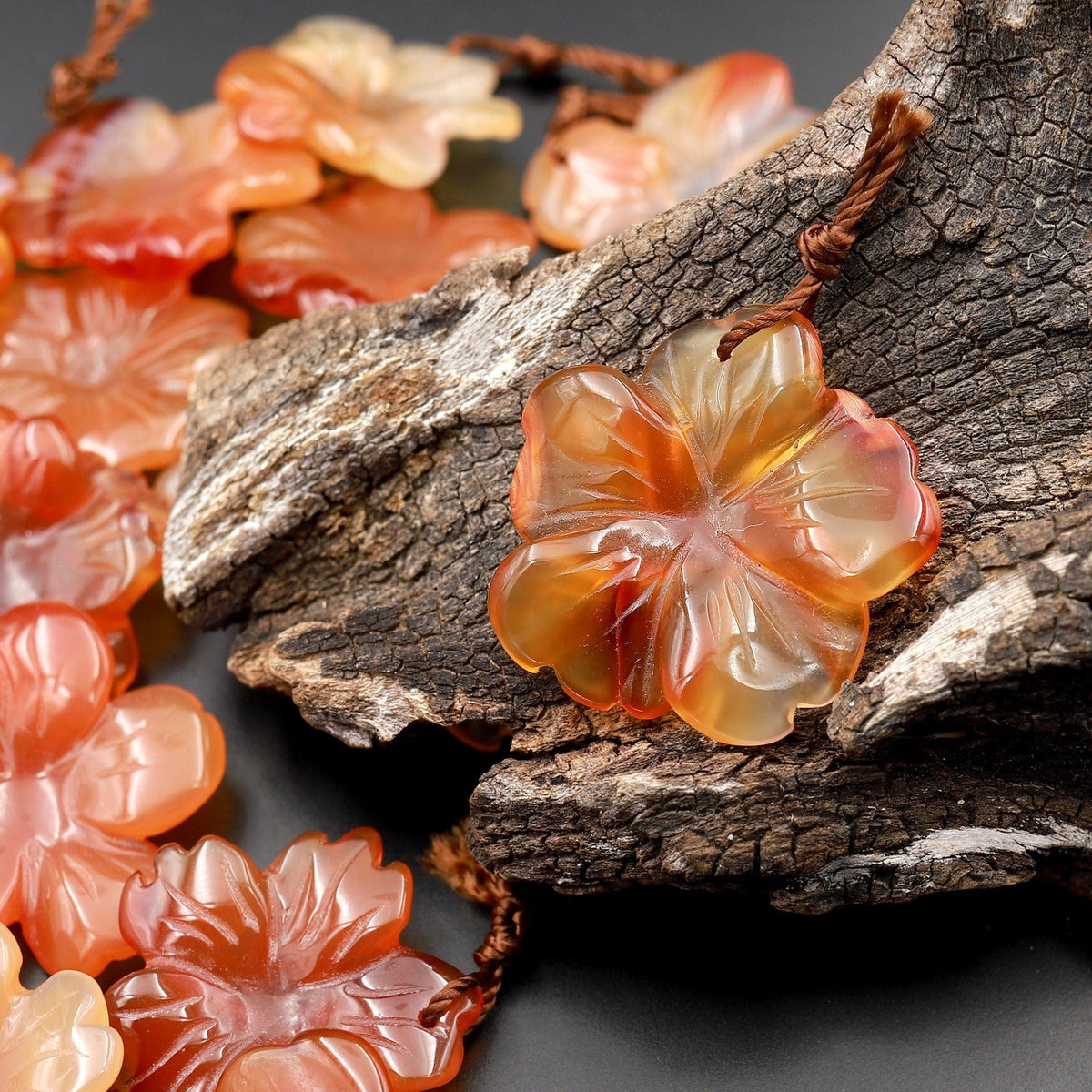 Hand Carved Natural Carnelian Flower Pendant Translucent Fiery Orange ...