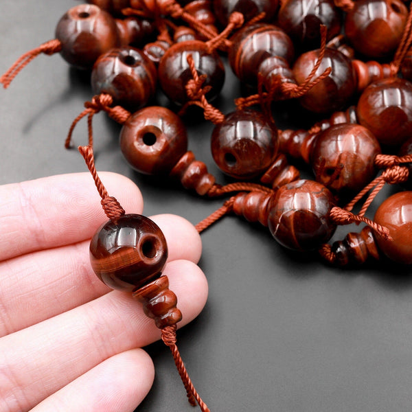 AAA Large 16mm Natural Gemstone Guru Red Tiger's Eye Beads Three Holes T-Beads Mala Making 3 Holes Prayer Beads Cones