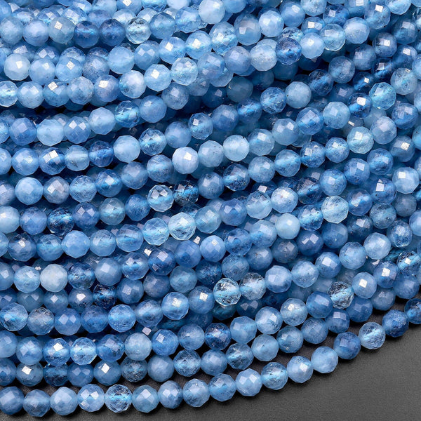 Micro Faceted Natural Blue Santa Maria Aquamarine 3mm 4mm Round Beads 15.5" Strand
