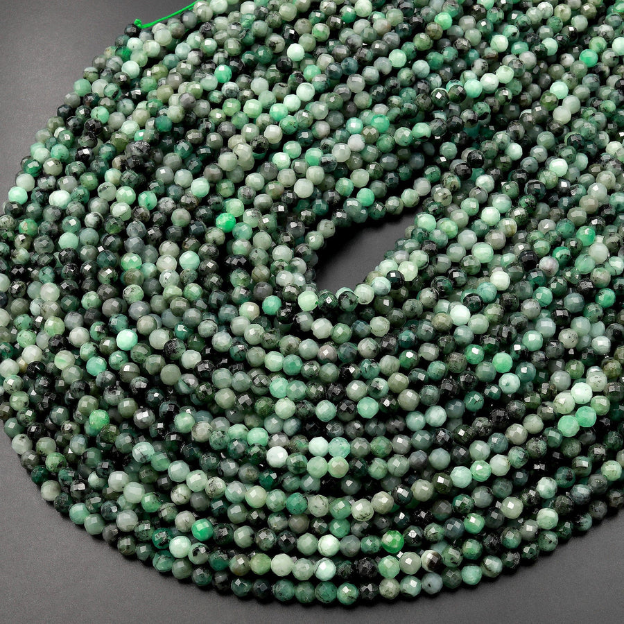 Real Genuine Natural Green Emerald Faceted 2mm 3mm 4mm Round Beads Laser Diamond Cut Gemstone May Birthstone 15.5" Strand