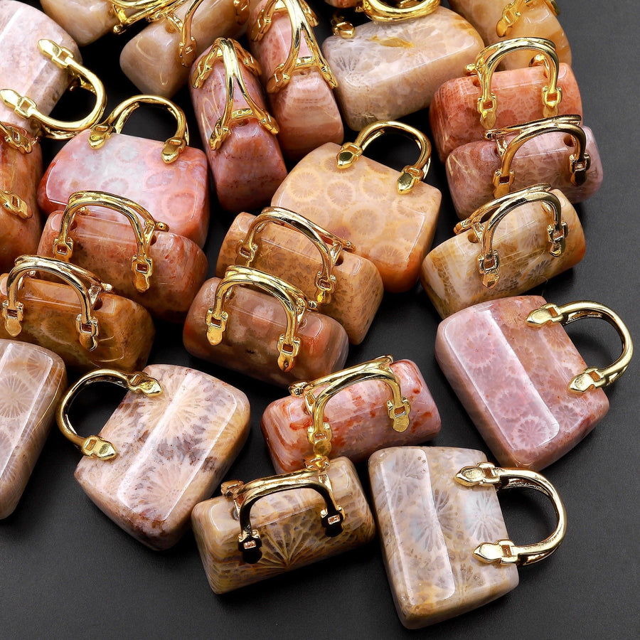 So Adorable! Hand Carved Natural Indonesian Fossil Coral Focal Pendant Bead Purse Miniature Handbag Style