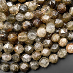 AAA Natural Green Brown Tourmaline Rutile Quartz Double Hearted Star Cut Faceted 10mm Rounded Beads 15.5" Strand
