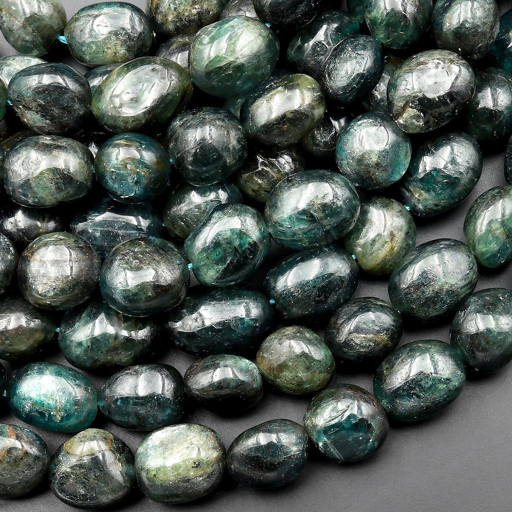 Natural Dark Green Kyanite Freeform Oval Pebble Nugget Beads 15.5" Strand