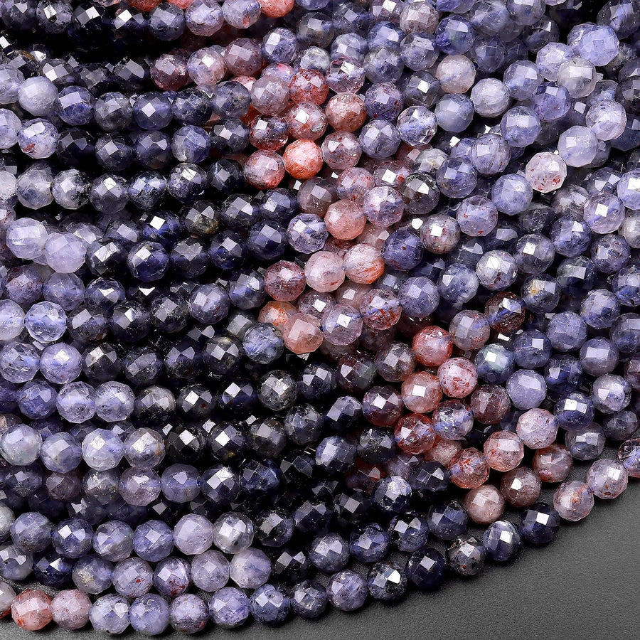 AAA Rare Natural Sunstone Iolite Faceted 4mm Round Beads 15.5" Strand