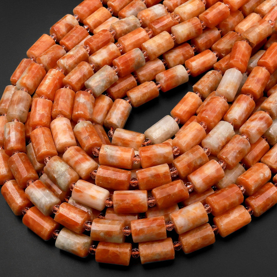 Genuine Natural Orange Calcite Beads Faceted Gemstone Tube Cylinder 15.5" Strand