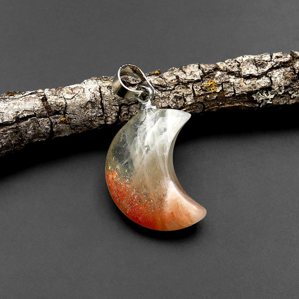 Extremely Rare! Natural Green Orange Arusha Sunstone Moon Pendant