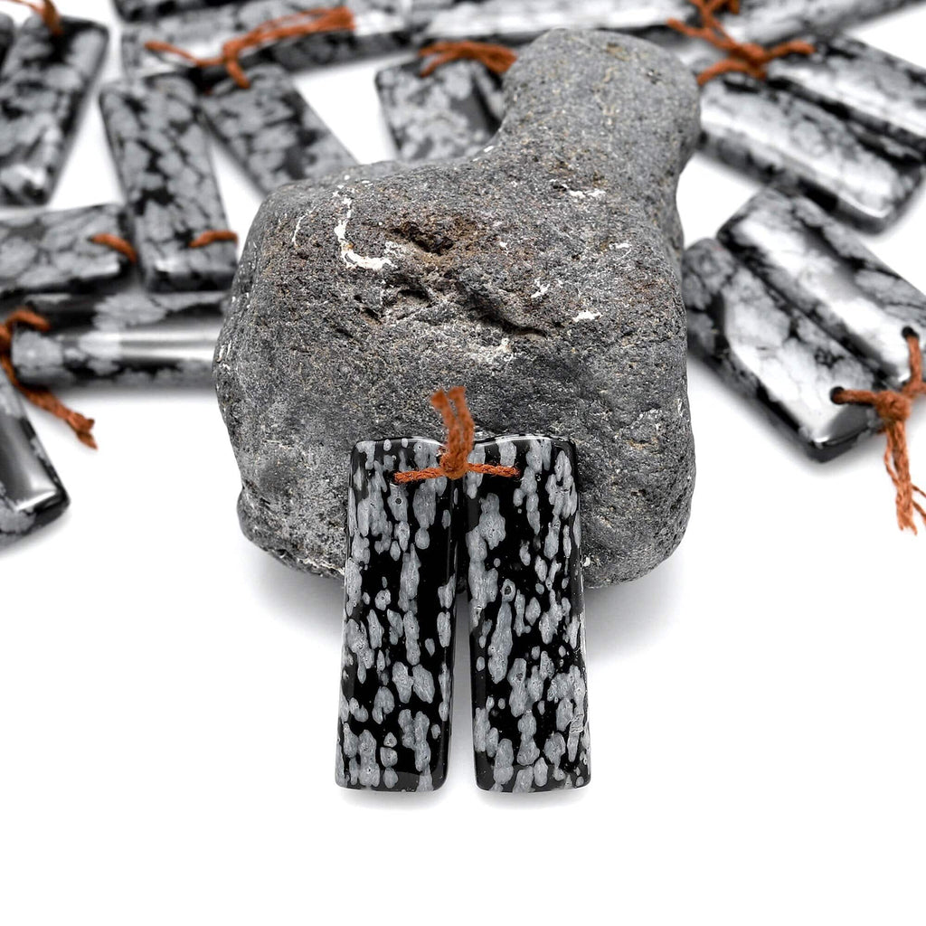 Drilled Natural Snowflake Obsidian Earring Pair Matched Rectangle Gemstone Cabochon Beads 30mm