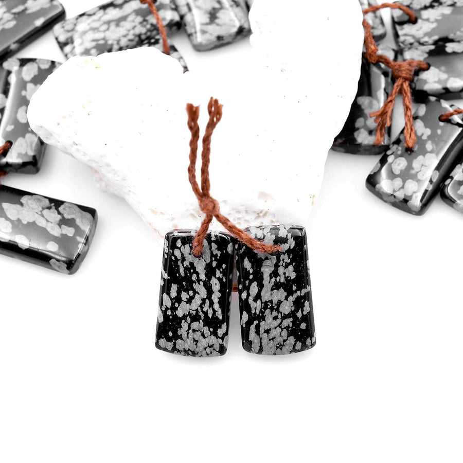 Drilled Natural Snowflake Obsidian Earring Pair Matched Rectangle Gemstone Cabochon Beads 20mm