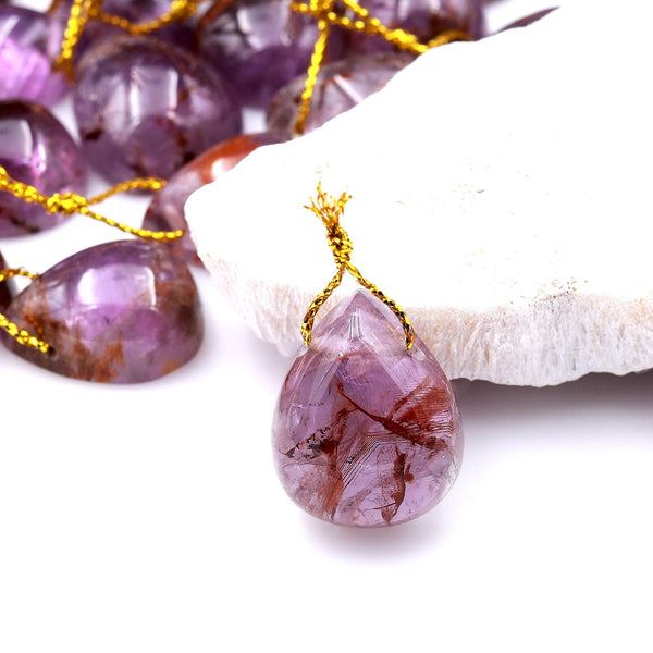 Super 7 Crystal Element Natural Phantom Amethyst Cacoxenite Teardrop Pear Top Side Drilled Focal Bead Pendant