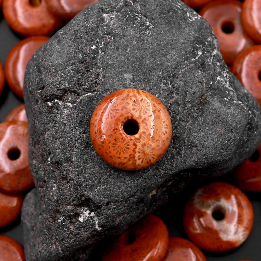 AAA Natural Red Fossil Coral Donut Bead Pendant 15mm