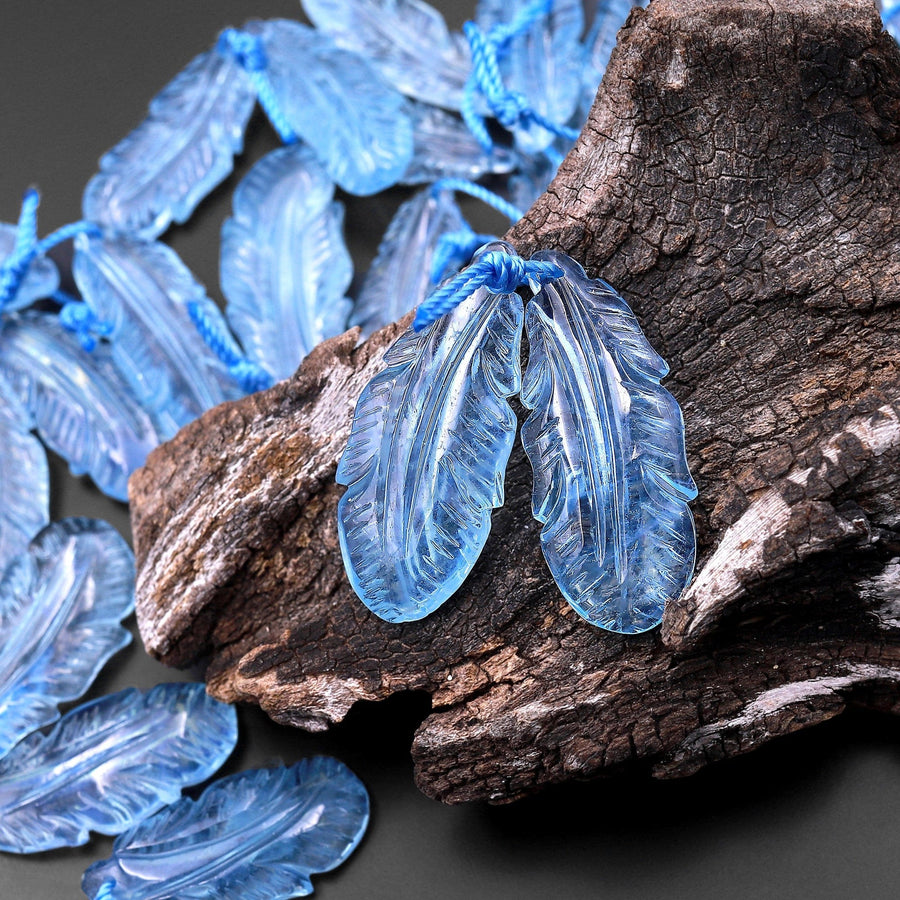 AAA Hand Carved Natural Blue Aquamarine Feather Earring Pair Drilled Gemstone Matched Beads