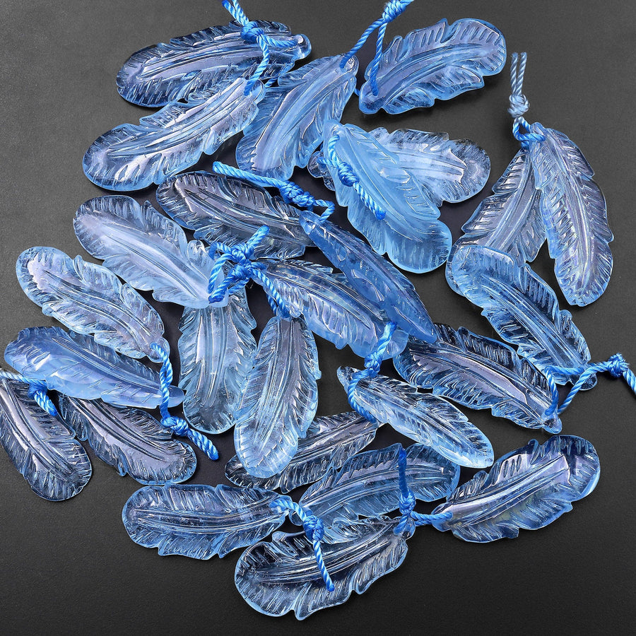 AAA Hand Carved Natural Blue Aquamarine Feather Earring Pair Drilled Gemstone Matched Beads