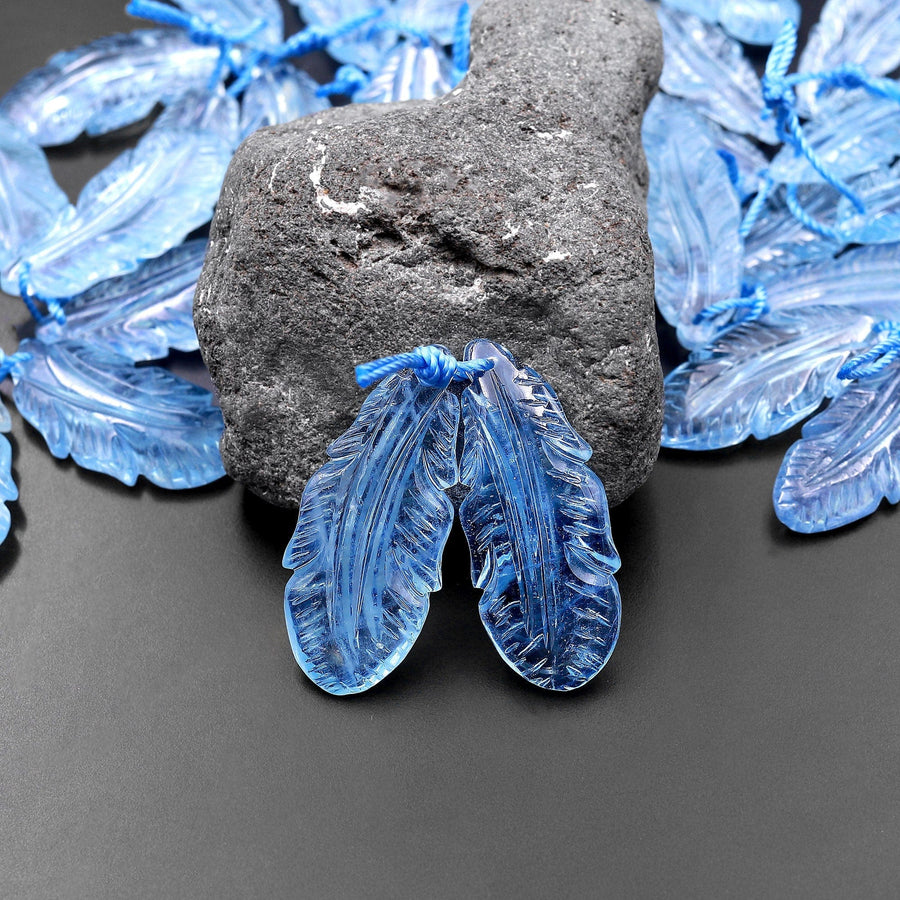 AAA Hand Carved Natural Blue Aquamarine Feather Earring Pair Drilled Gemstone Matched Beads