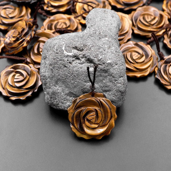 AAA Hand Carved Natural Tiger's Eye Rose Flower Pendant Gemstone Focal Bead