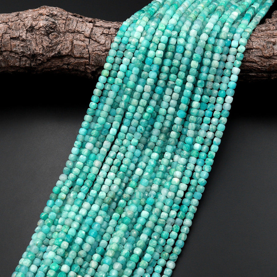 AA Natural Peruvian Amazonite Faceted 4mm Cube Square Beads Stunning Soft Aqua Blue Green Gemstone 15.5" Strand