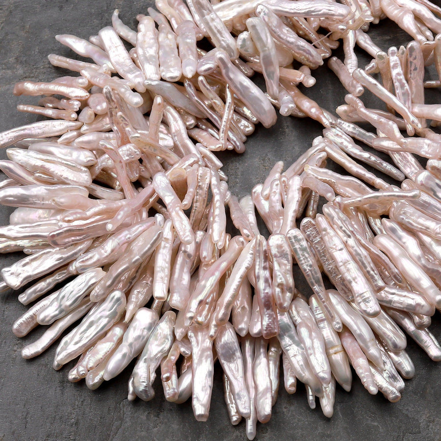AAA Long Slim Natural Pale Pink Biwa Stick Pearl Freshwater Good For Earrings 15.5" Strand