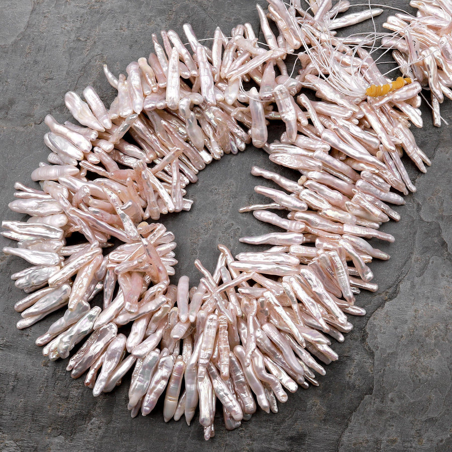 AAA Long Slim Natural Pale Pink Biwa Stick Pearl Freshwater Good For Earrings 15.5" Strand